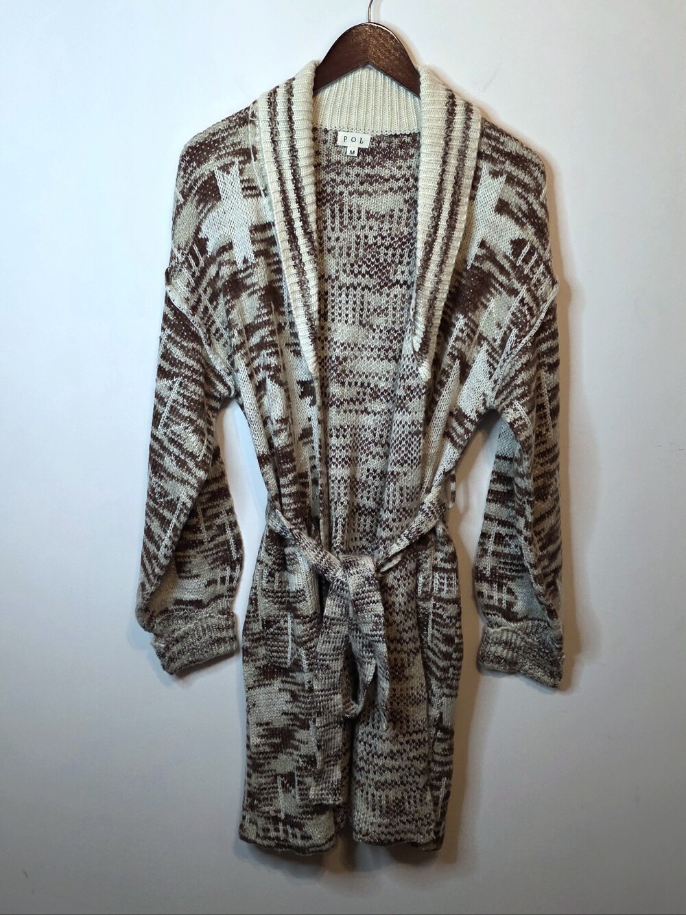 POL Southwestern Knit Longline Belted Cardigan Sweater Aztec Geometric Sz Medium